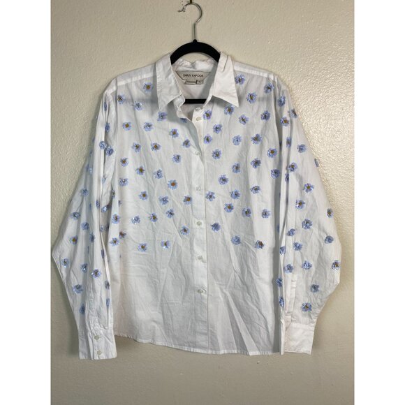 Dhruv Kapoor Anthropologie Button Up Top Women size XL White Blue 3D flower Boho - Picture 15 of 16